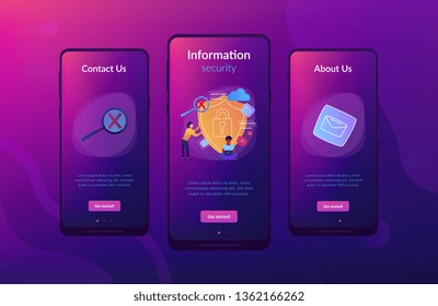 Man holding security shield and developer using laptop. Data and applications protection, network and information security, safe cloud storage concept, violet palette. UI UX GUI app interface template