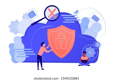 Man holding security shield and developer using laptop. Data and applications protection, network and information security, safe cloud storage concept. Vector isolated illustration.