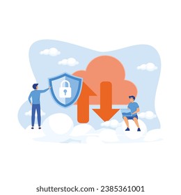Man holding security shield and developer using laptop. flat vector modern illustration 