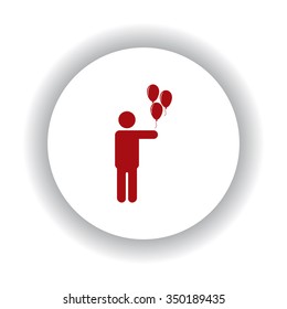 man holding several balloons icon, red isolated white background