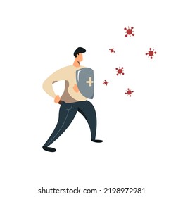 Man holding a shield. a boy defending himself from viruses. an illustration of a knight with a shield. a man chasing away viruses. Flat illustration isolated on white background