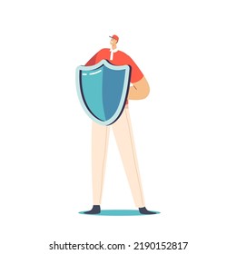 Man Holding Shield Covering From Cyber Or Virus Attack. Data Base Protection, Health, Life Or Business Insurance Concept. Male Character Fight With Dangers. Cartoon People Vector Illustration