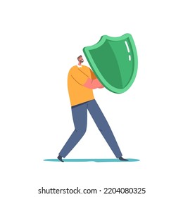 Man Holding Shield Covering From Cyber Or Virus Attack. Data Base Protection, Health, Life Or Business Insurance Concept. Male Character Fight With Dangers. Cartoon People Vector Illustration