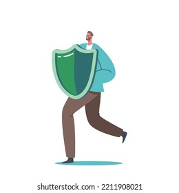 Man Holding Shield Covering From Cyber Or Virus Attack. Data Base Protection, Health, Life Or Business Insurance Concept. Male Character Fight With Dangers. Cartoon People Vector Illustration