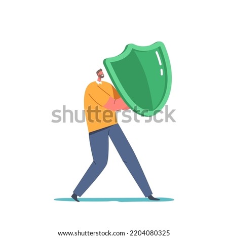 Man Holding Shield Covering From Cyber or Virus Attack. Data Base Protection, Health, Life or Business Insurance Concept. Male Character Fight with Dangers. Cartoon People Vector Illustration
