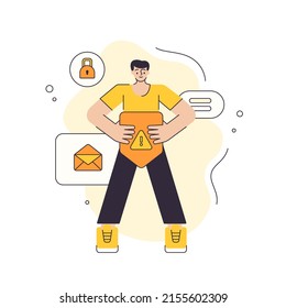 Man holding shield with exclamation point cybersecurity personal data protection vector flat illustration. Antivirus encryption internet web site code access network privacy server connection isolated