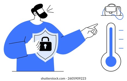 Man holding shield with lock icon, pointing at a briefcase and thermometer. Ideal for security, privacy, protection, cybersecurity, health safety, risk management, safeguarding. Line metaphor