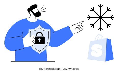 Man holding shield with lock, pointing to snowflake next to shopping bag with S. Ideal for online shopping, winter sales, cybersecurity, e-commerce, and seasonal marketing. Minimalist vector style