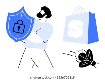 Man holding a shield with a lock, a shopping bag with S, and a bug nearby. Ideal for online security, e-commerce, cybersecurity awareness, data protection, and online threats. Simple modern style