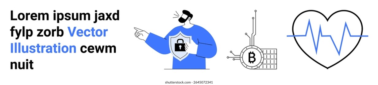 Man holding shield with lock symbol, Bitcoin cryptocurrency icon, and heartbeat line. Ideal for technology, cybersecurity, finance, fintech, blockchain, health, and medical themes. Landing page