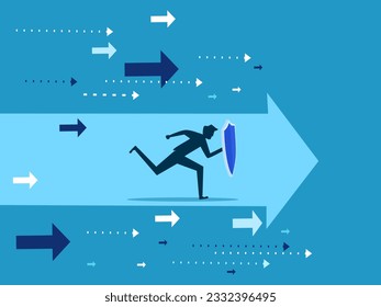 man holding a shield running in the direction of the arrow pointing forward