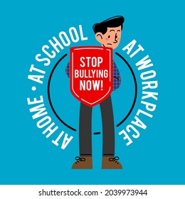 Man holding shield saying stop bullying vector illustration