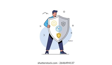Homem segurando escudo proteção de segurança segurança garantia de privacidade defesa defesa defesa conceito ilustração