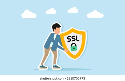 Man holding shield with SSL text and seal illustration depicting secure sockets layer security protocol setup