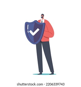 Man Holding Shield With Tick Sign. Isolated Male Character Fight With Danger, Cyber Virus Attack. Data Base Protection, Health, Life Or Business Insurance Concept. Cartoon People Vector Illustration