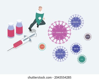 Man Holding A Shield With Vaccine For Protecting From Various Corona Virus Variant Mutation As Dangerous Flu Strain. Isometric Vector Concept