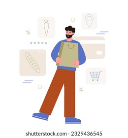 Man holding shopping bag, thinking about order food in online supermarket. Buying new goods via Internet. Electronic commerce benefits. Age of digital environment. Vector flat illustration