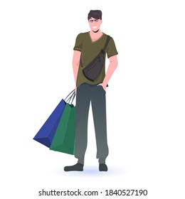 man holding shopping bags black friday big sale promotion discount concept full length vector illustration