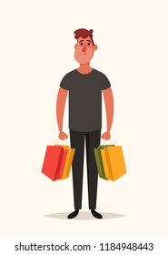 Man Holding Shopping Bags. Cartoon Style. Vector Illustration