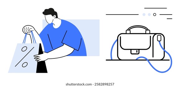 Man holding shopping bags with a percent sign, indicating a discount sale. Nearby, a briefcase with connected lines. Ideal for shopping, sales, promotions, retail, business, commerce, and marketing