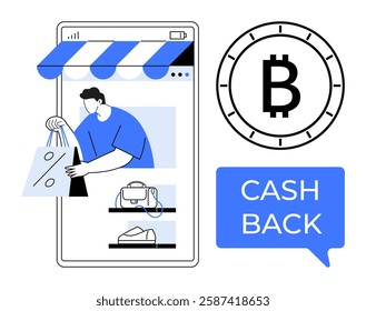 Man holding shopping bags from smartphone screen with storefront, crypto coin symbol, cashback message. Ideal for e-commerce, digital transactions, mobile apps, cryptocurrency, internet shopping