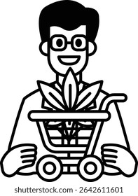A man is holding a shopping cart with a plant in it. He is smiling and he is happy