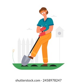 Man holding shovel to dig soil in garden, agriculture worker gardening vector illustration