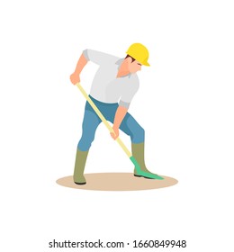 Man holding shovel and digging something. Hard worker. Gold miner. Farming farmer. Gardener. Underground work. Industry labor worker. Strong man - Simple flat vector illustration.