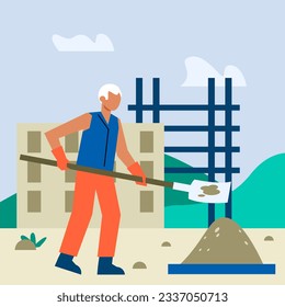 Man holding shovel and pouring cement. Construction process concept. Worker build house and controlling process. Flat vector illustration in green colors in cartoon style