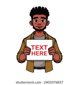 man holding a sign. african american man holding a sheet of white paper. Copy space. Your text here, template. Flat editable vector illustration, clip art.