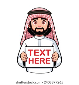 man holding a sign. arabian man holding a sheet of white paper. Copy space. Your text here, template. Flat editable vector illustration, clip art