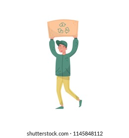 Man holding sign board with recycling sign over his head, eco friendly people protesting, protection and preservation of the environment vector Illustration