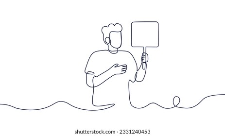 Hombre sosteniendo el concepto de línea continua de señas. Democracia y libertad de expresión. Joven en la manifestación política. Creatividad minimalista y arte. Ilustración lineal lineal vectorial aislada en fondo blanco