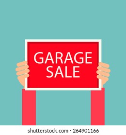 Man holding sign Garage sale, vector illustration