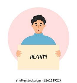 Man holding sign with gender pronoun He. Isolated vector illustration in flat style.