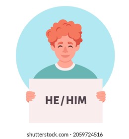 Man holding sign with gender pronouns. She, he, they, non-binary. Gender-neutral movement. Vector illustration