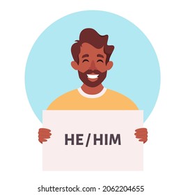 Man holding sign with gender pronouns. She, he, they, non-binary. Gender-neutral movement. Vector illustration