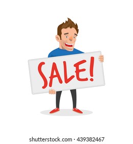 A Man Holding A Sign Icon. A Guy With A Board. Isolated Vector Illustration On White Background. Insert Your Own Text And Use As An Advertising.