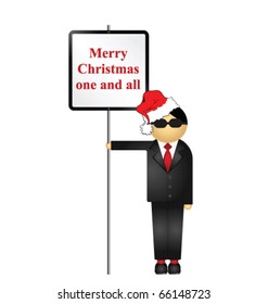 Man holding sign with Merry Christmas message isolated on white background