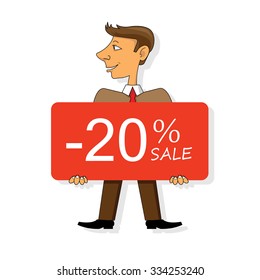 A man holding a sign sale -20%.