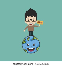 man holding sign save earth global warming campaign