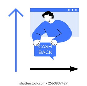 A man holding a sign with the text CASH BACK, with an arrow pointing upwards next to him and an arrow pointing to the right. Ideal for themes of financial growth, savings, rewards, customer loyalty