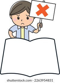 A man holding a simple frame of books and notebooks and an incorrect answer placard