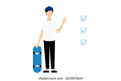 A man holding a skateboard and pointing to a checklist.