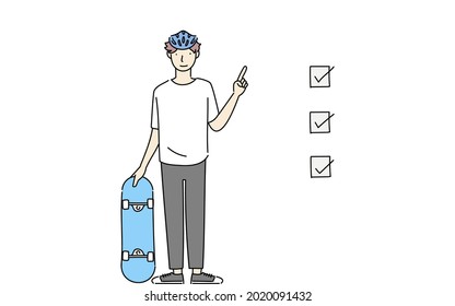 A man holding a skateboard and pointing to a checklist.