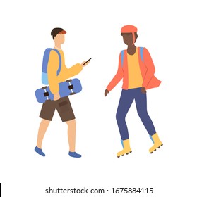 Man holding skateboard and roller skater in helmet isolated cartoon people. Vector side view of boy using phone, person wearing casual clothes and backpack