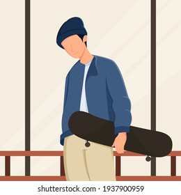 a man holding a skateboard. smiling lips. glass window background. vector illustration
