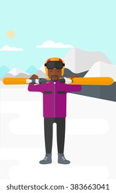 Man holding skis.