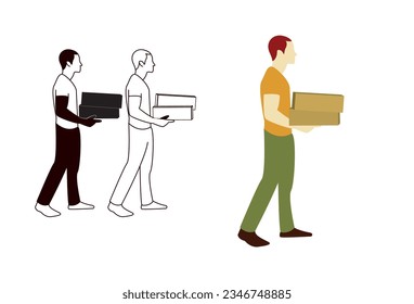 Man Holding Small Box in his hands, symbolizing the act of moving to a new office space, transitioning housing, or acquiring a new apartment. This depiction is presented through flat.