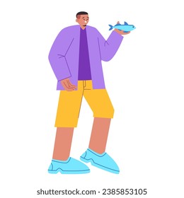 Hombre sujetando peces pequeños después de pescar ilustraciones coloridas y planas